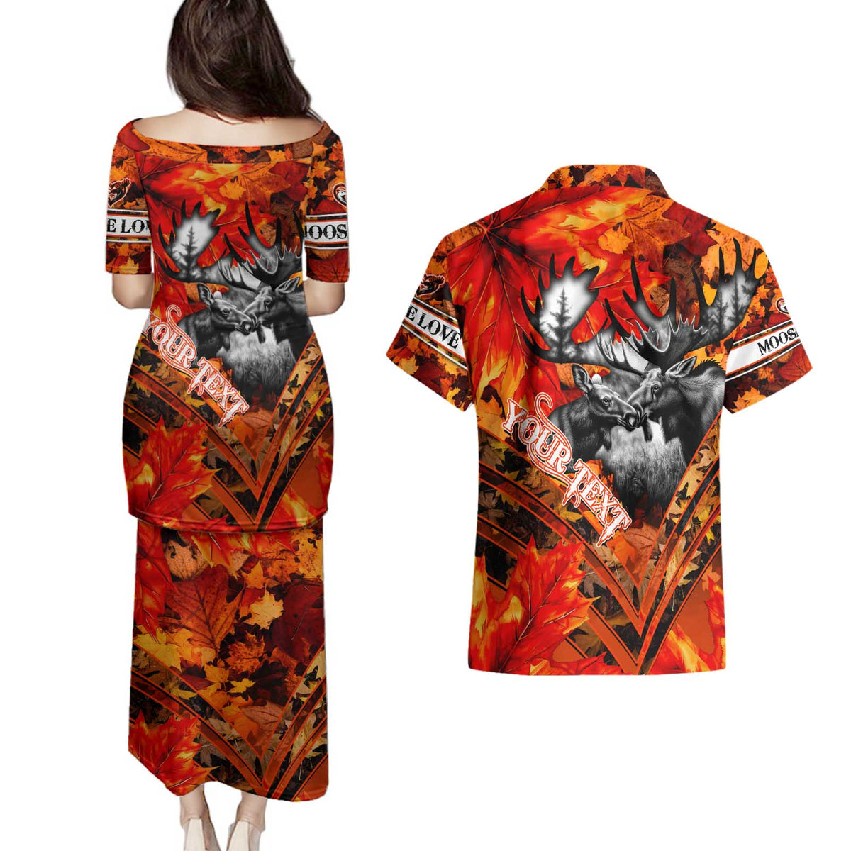 Personalized Moose Love Couples Matching Puletasi and Hawaiian Shirt Maple Leaf Autumn Passion