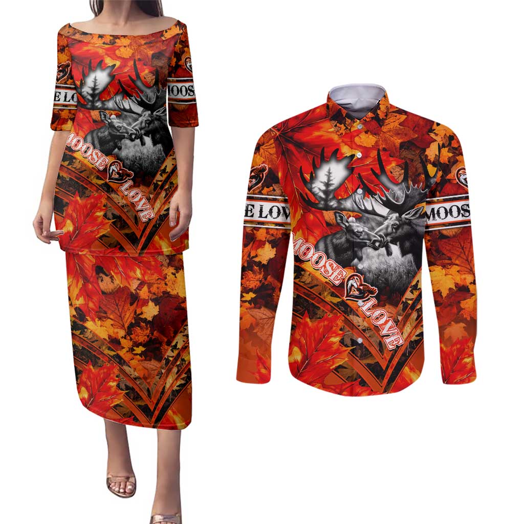 Personalized Moose Love Couples Matching Puletasi and Long Sleeve Button Shirt Maple Leaf Autumn Passion