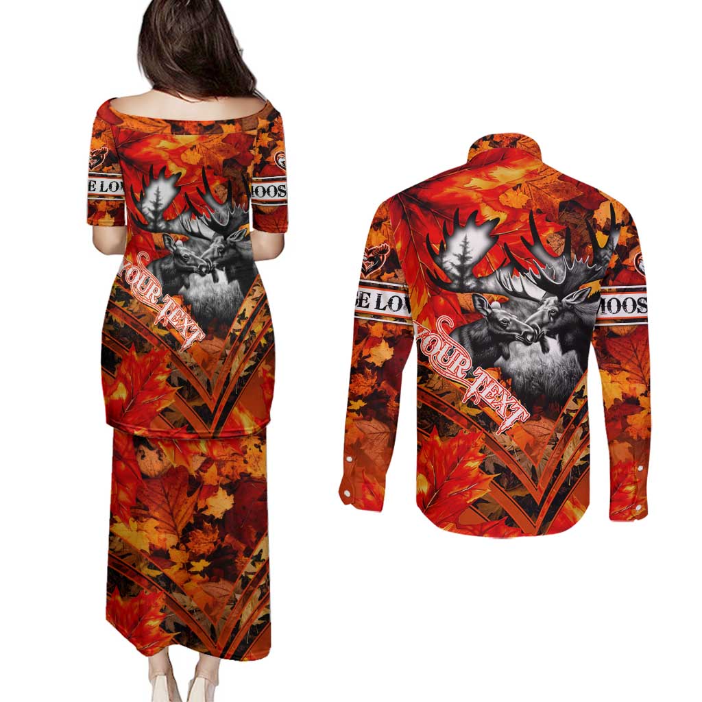 Personalized Moose Love Couples Matching Puletasi and Long Sleeve Button Shirt Maple Leaf Autumn Passion