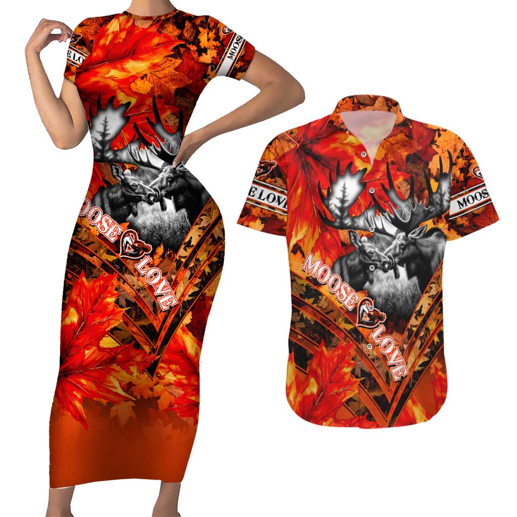 Personalized Moose Love Couples Matching Short Sleeve Bodycon Dress and Hawaiian Shirt Maple Leaf Autumn Passion
