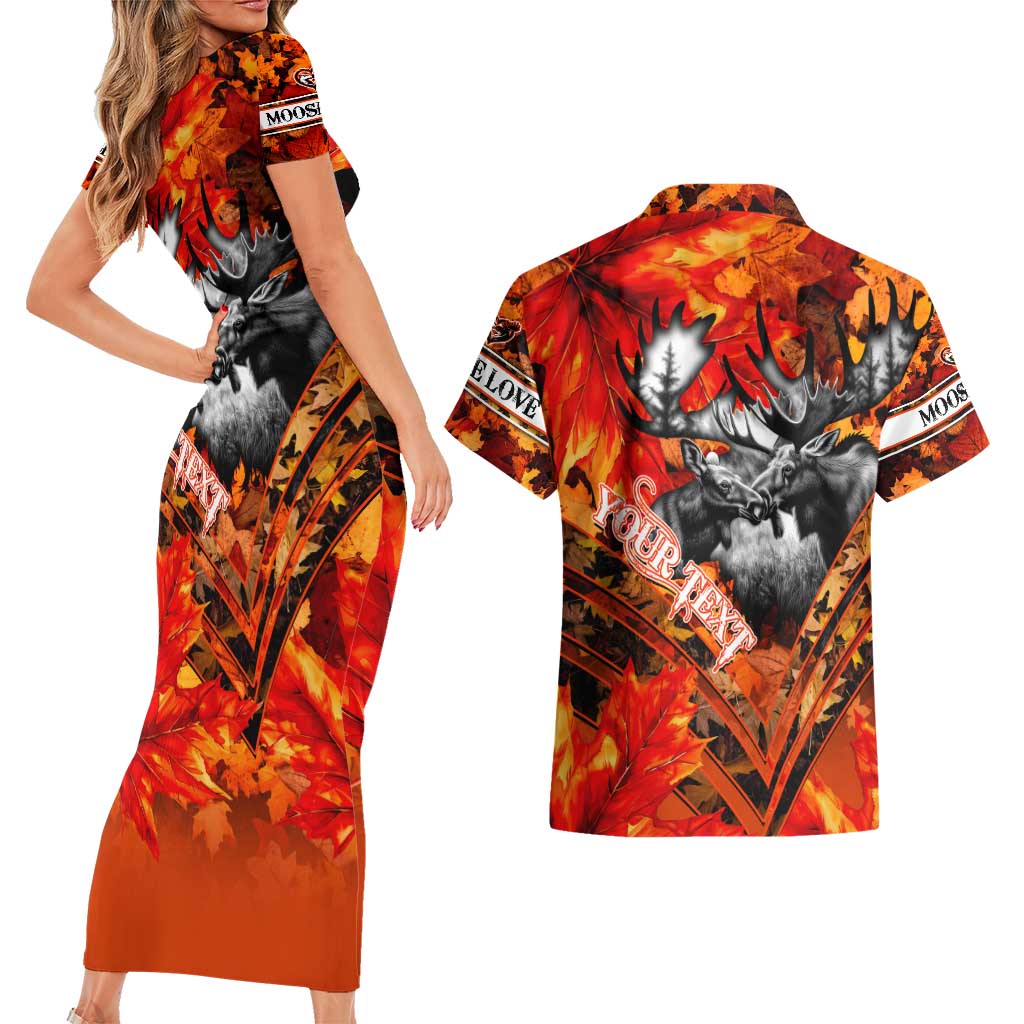 Personalized Moose Love Couples Matching Short Sleeve Bodycon Dress and Hawaiian Shirt Maple Leaf Autumn Passion