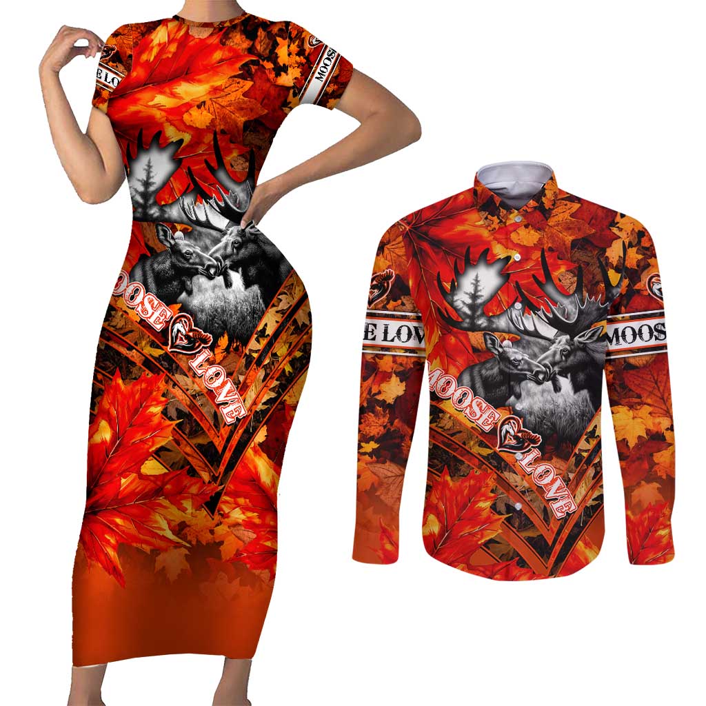 Personalized Moose Love Couples Matching Short Sleeve Bodycon Dress and Long Sleeve Button Shirt Maple Leaf Autumn Passion