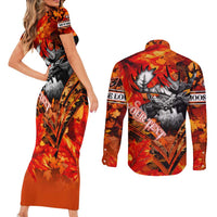 Personalized Moose Love Couples Matching Short Sleeve Bodycon Dress and Long Sleeve Button Shirt Maple Leaf Autumn Passion
