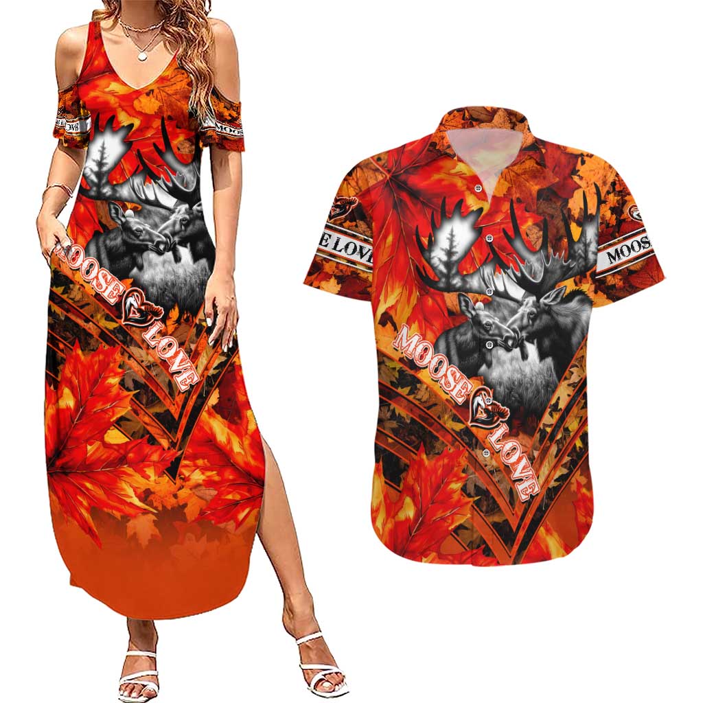 Personalized Moose Love Couples Matching Summer Maxi Dress and Hawaiian Shirt Maple Leaf Autumn Passion