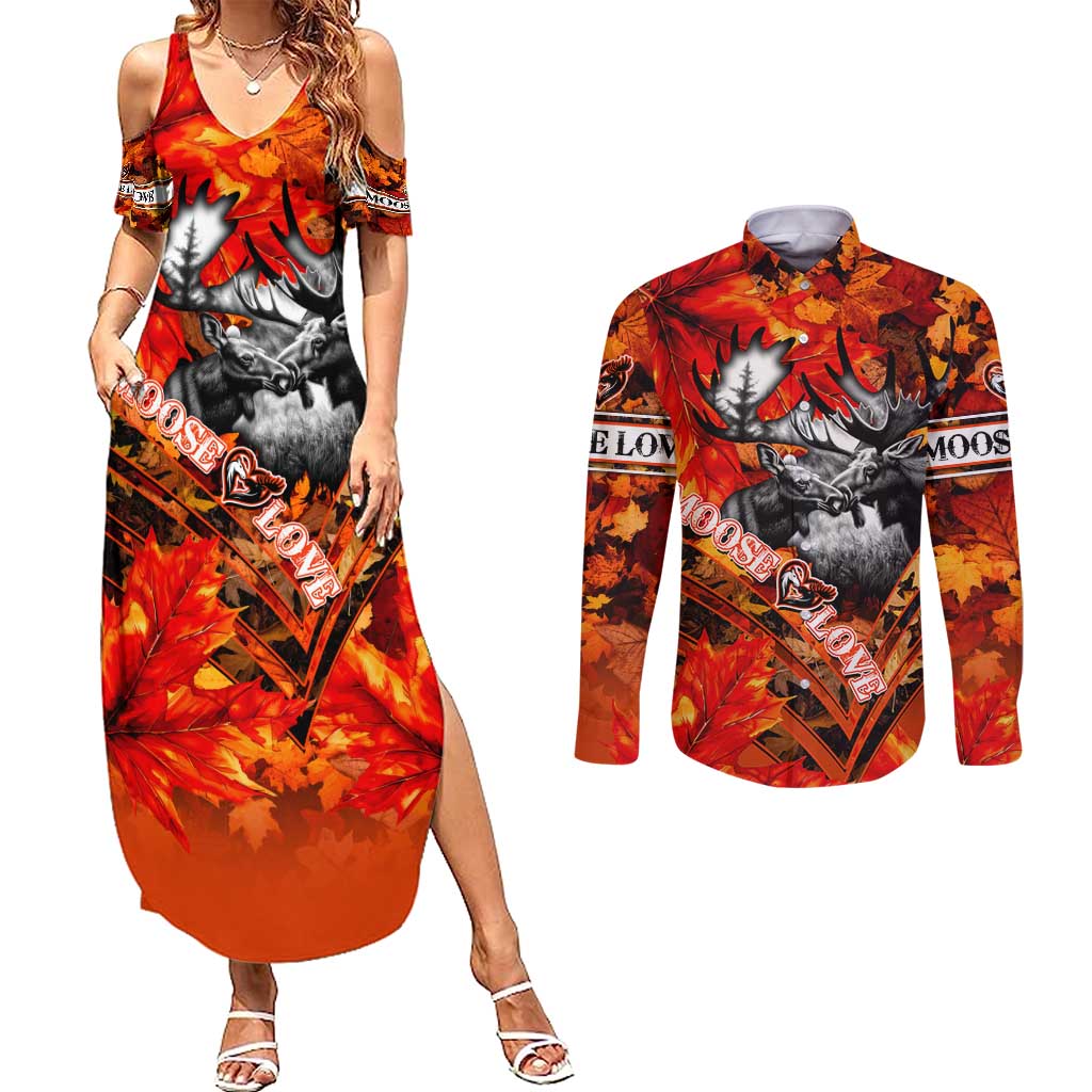 Personalized Moose Love Couples Matching Summer Maxi Dress and Long Sleeve Button Shirt Maple Leaf Autumn Passion