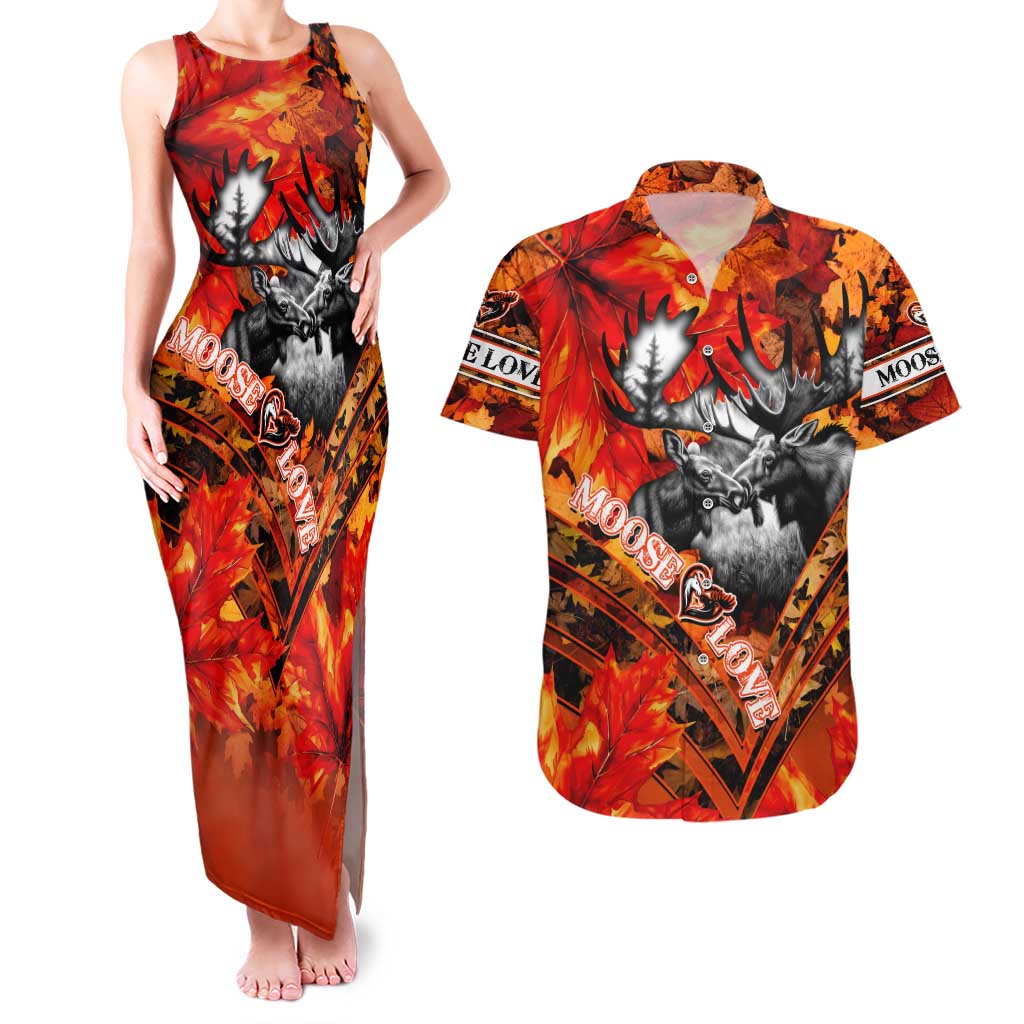 Personalized Moose Love Couples Matching Tank Maxi Dress and Hawaiian Shirt Maple Leaf Autumn Passion