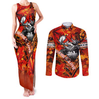 Personalized Moose Love Couples Matching Tank Maxi Dress and Long Sleeve Button Shirt Maple Leaf Autumn Passion