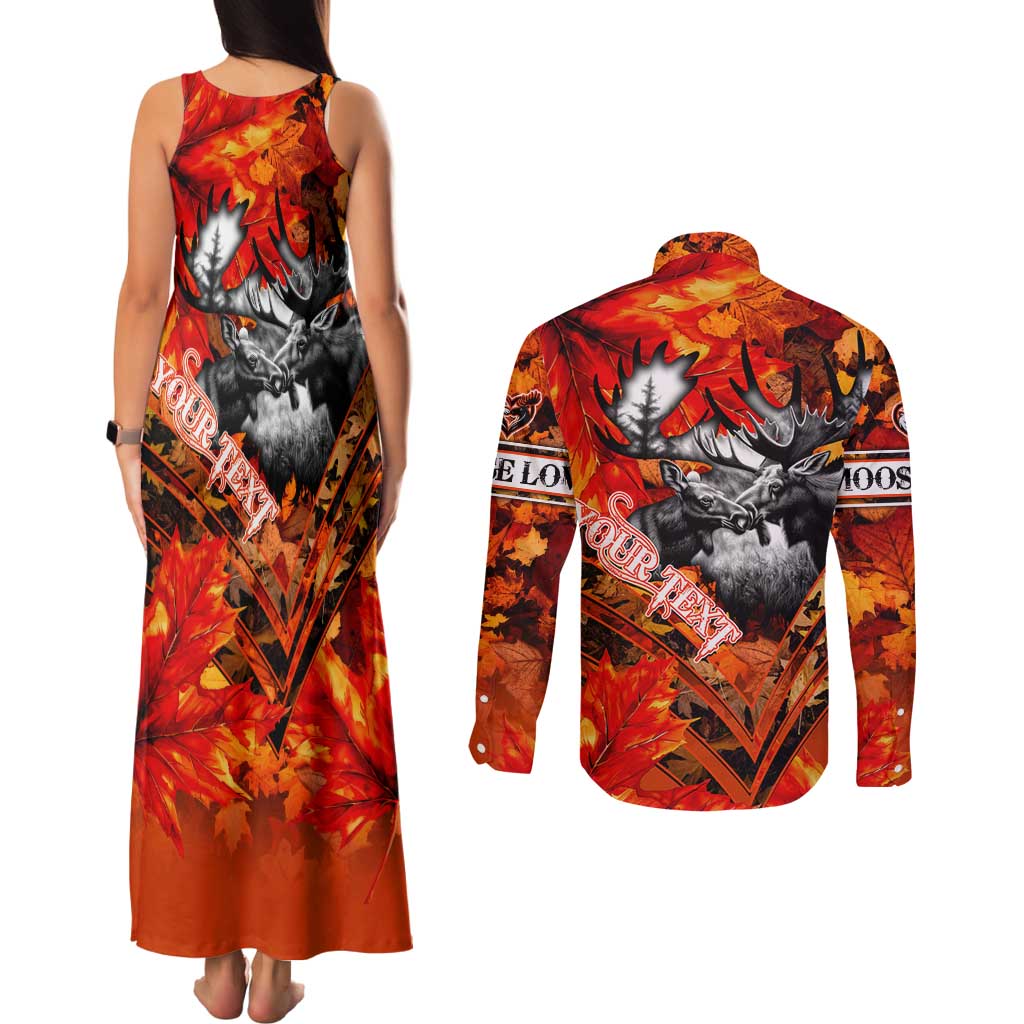 Personalized Moose Love Couples Matching Tank Maxi Dress and Long Sleeve Button Shirt Maple Leaf Autumn Passion