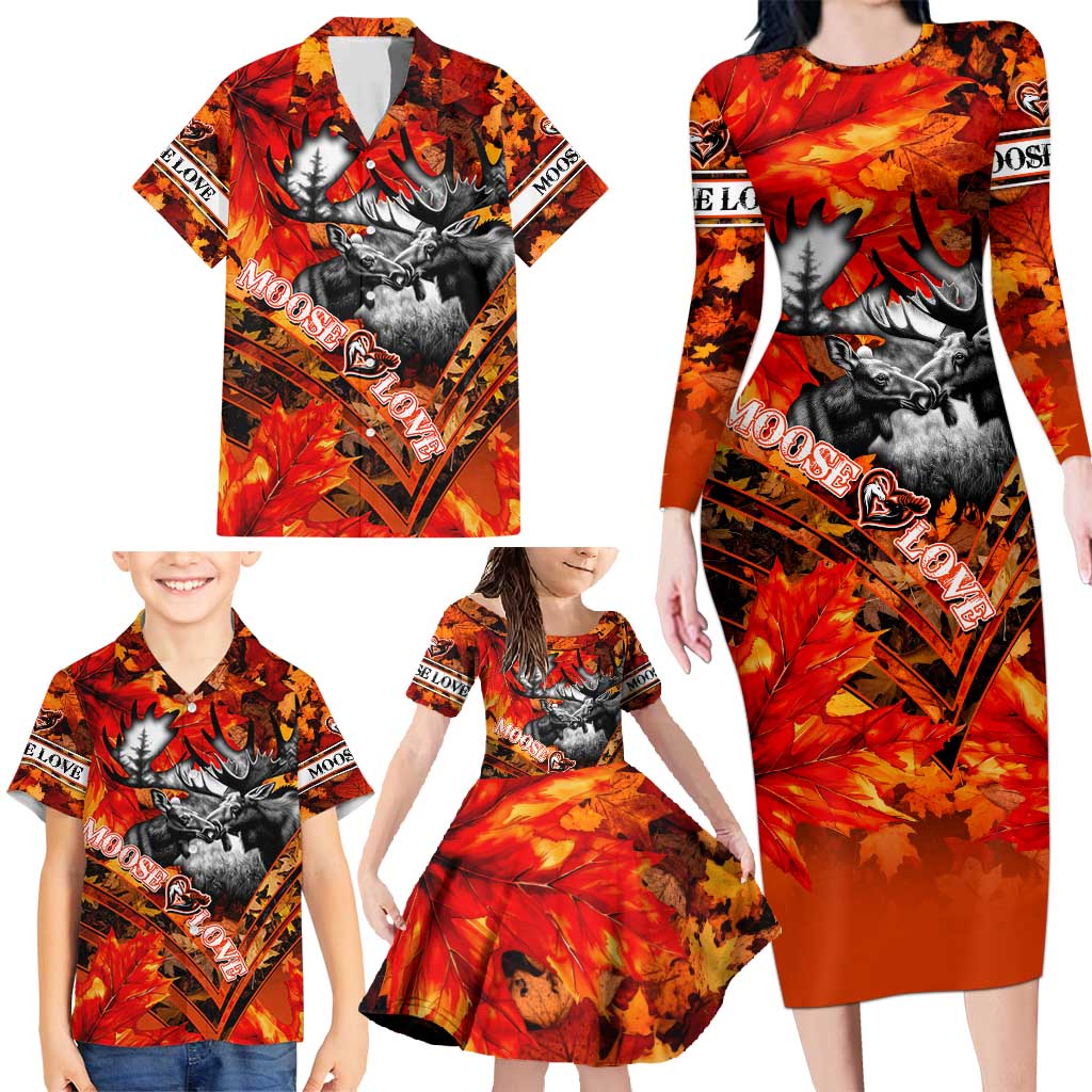 Personalized Moose Love Family Matching Long Sleeve Bodycon Dress and Hawaiian Shirt Maple Leaf Autumn Passion