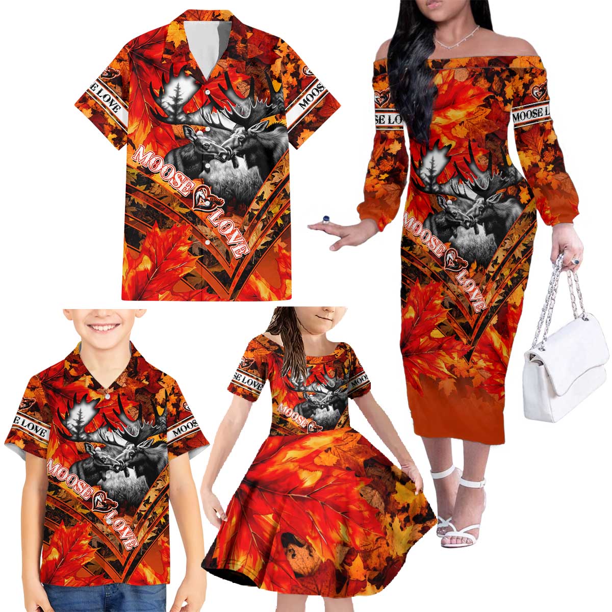 Personalized Moose Love Family Matching Off The Shoulder Long Sleeve Dress and Hawaiian Shirt Maple Leaf Autumn Passion