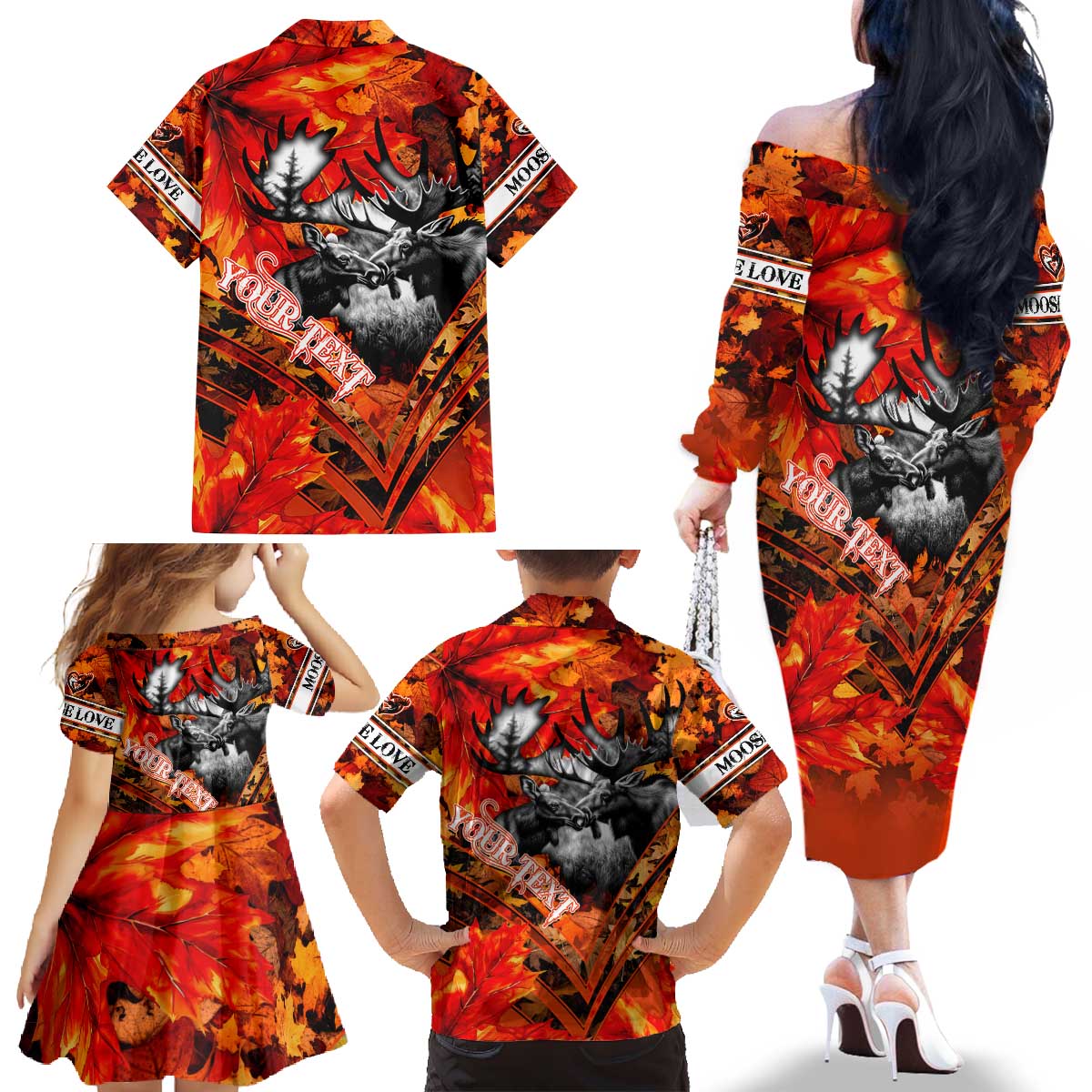 Personalized Moose Love Family Matching Off The Shoulder Long Sleeve Dress and Hawaiian Shirt Maple Leaf Autumn Passion