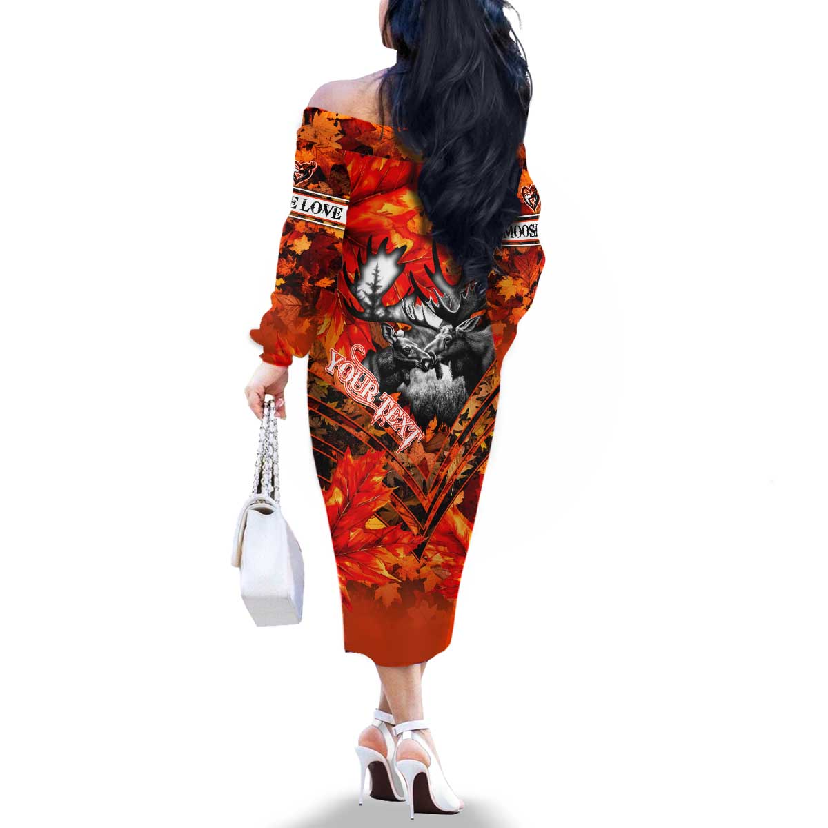 Personalized Moose Love Family Matching Off The Shoulder Long Sleeve Dress and Hawaiian Shirt Maple Leaf Autumn Passion