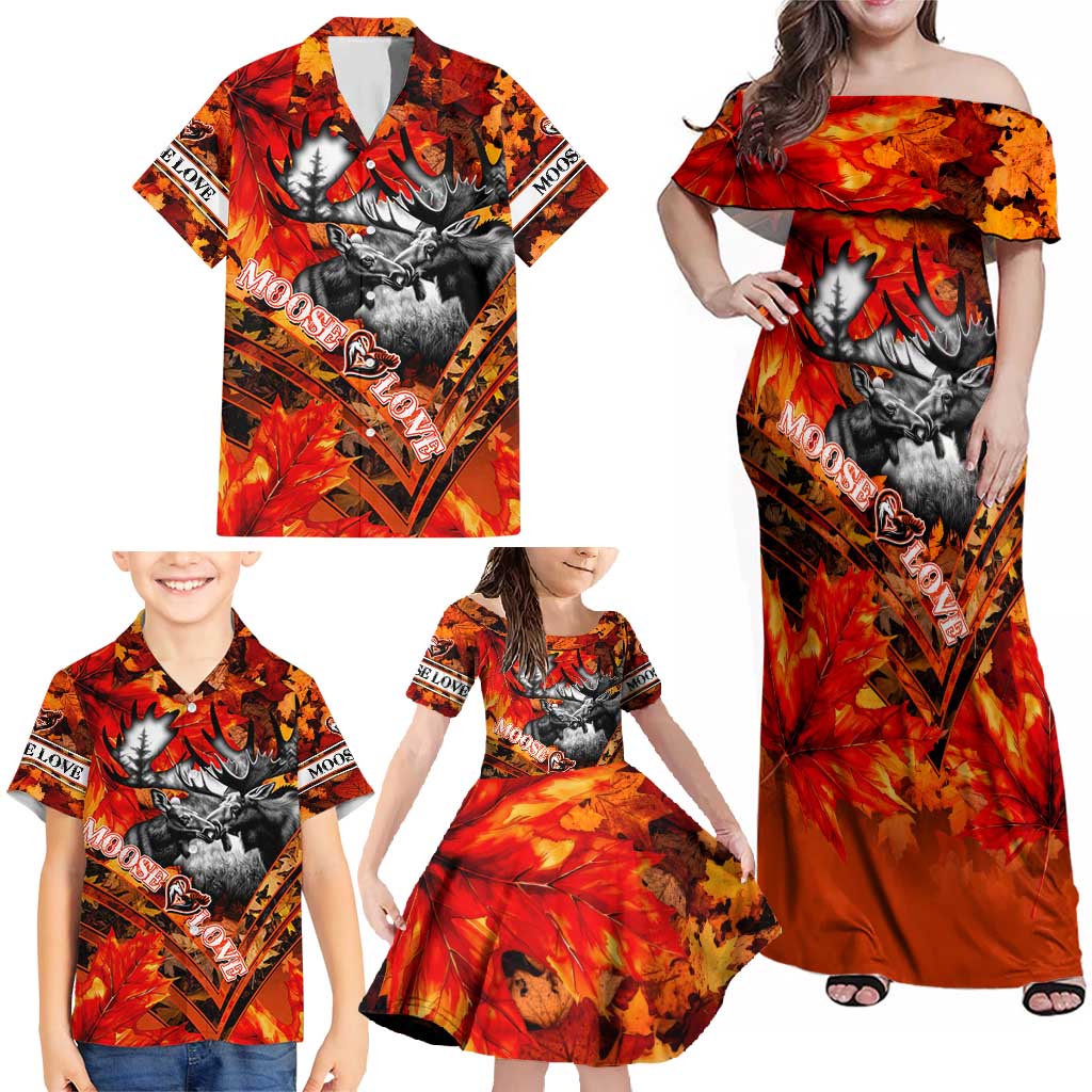 Personalized Moose Love Family Matching Off Shoulder Maxi Dress and Hawaiian Shirt Maple Leaf Autumn Passion