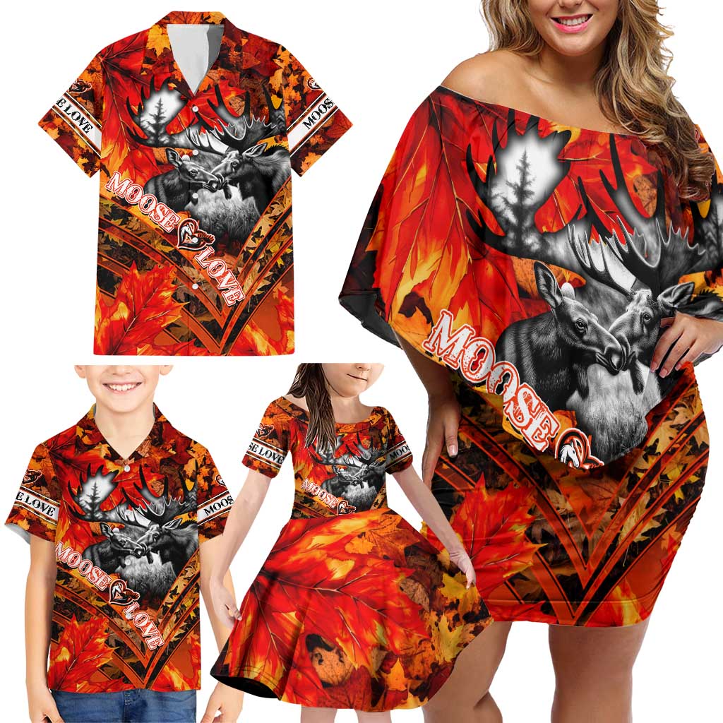 Personalized Moose Love Family Matching Off Shoulder Short Dress and Hawaiian Shirt Maple Leaf Autumn Passion