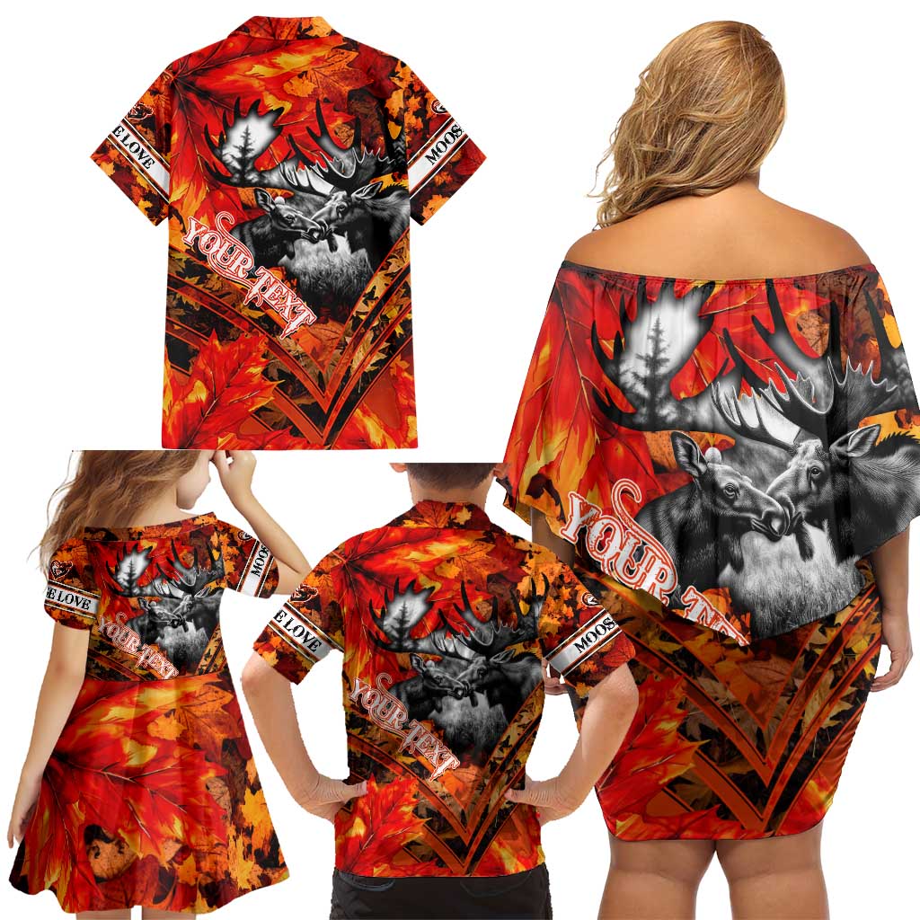Personalized Moose Love Family Matching Off Shoulder Short Dress and Hawaiian Shirt Maple Leaf Autumn Passion