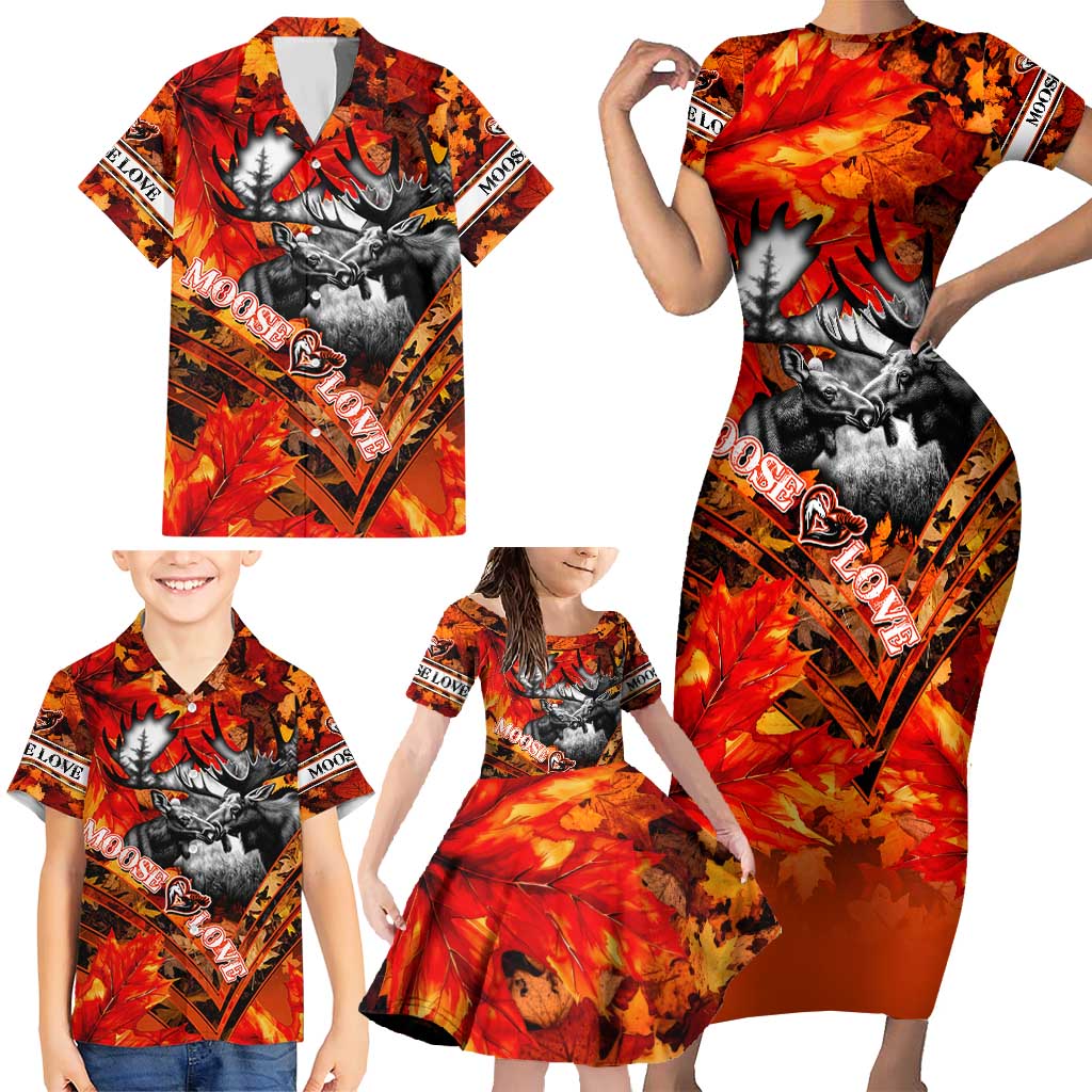 Personalized Moose Love Family Matching Short Sleeve Bodycon Dress and Hawaiian Shirt Maple Leaf Autumn Passion