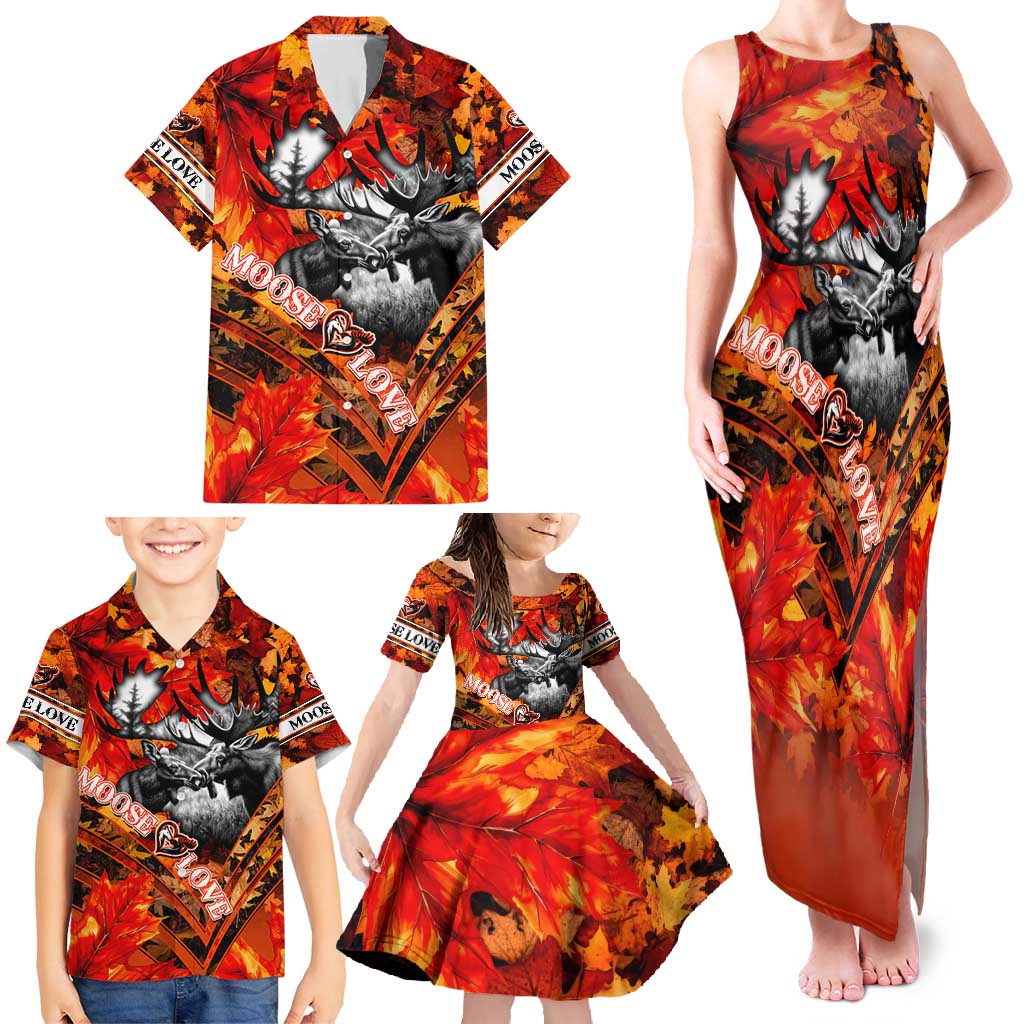 Personalized Moose Love Family Matching Tank Maxi Dress and Hawaiian Shirt Maple Leaf Autumn Passion