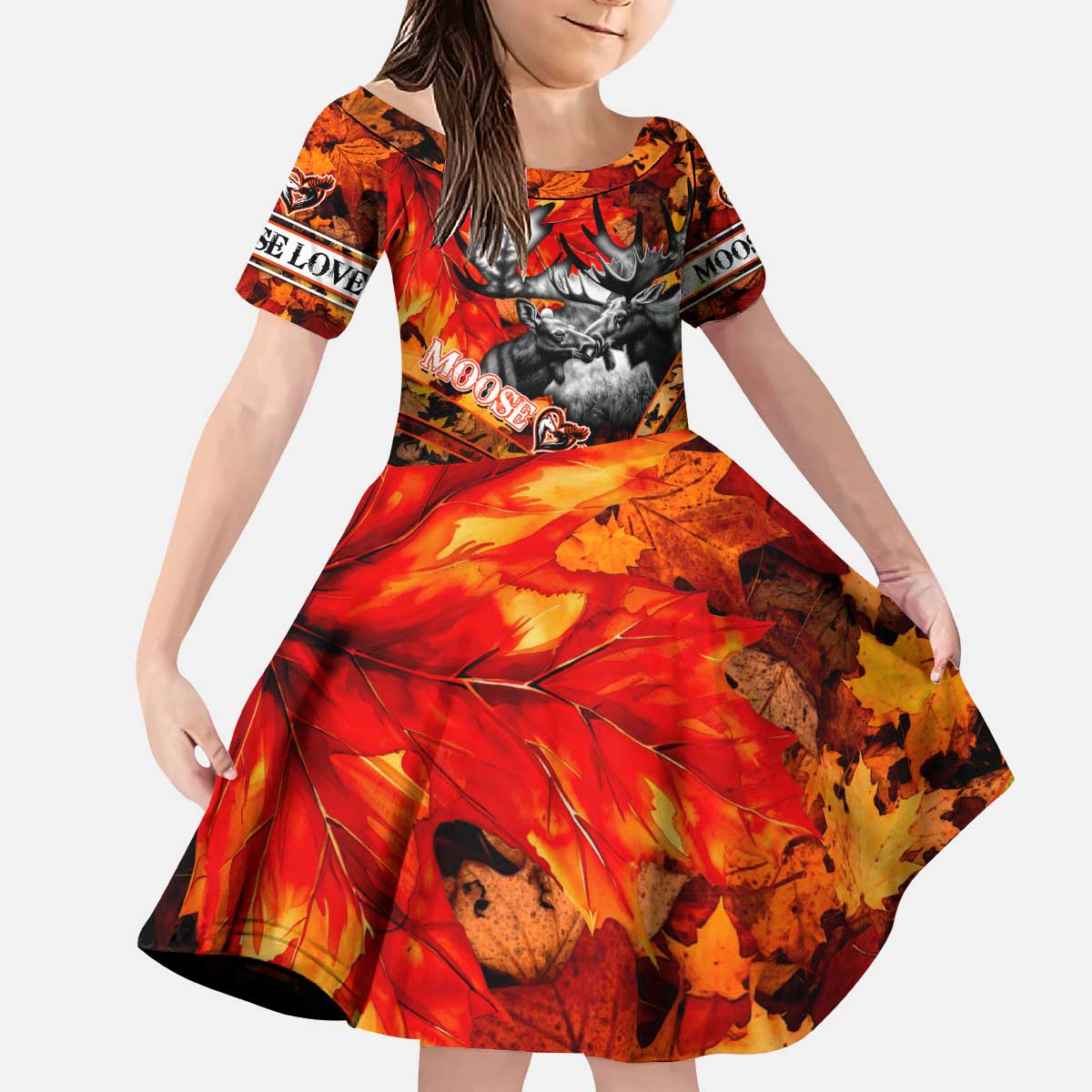 Personalized Moose Love Kid Short Sleeve Dress Maple Leaf Autumn Passion