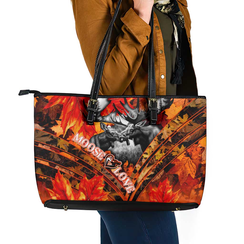 Moose Love Leather Tote Bag Maple Leaf Autumn Passion