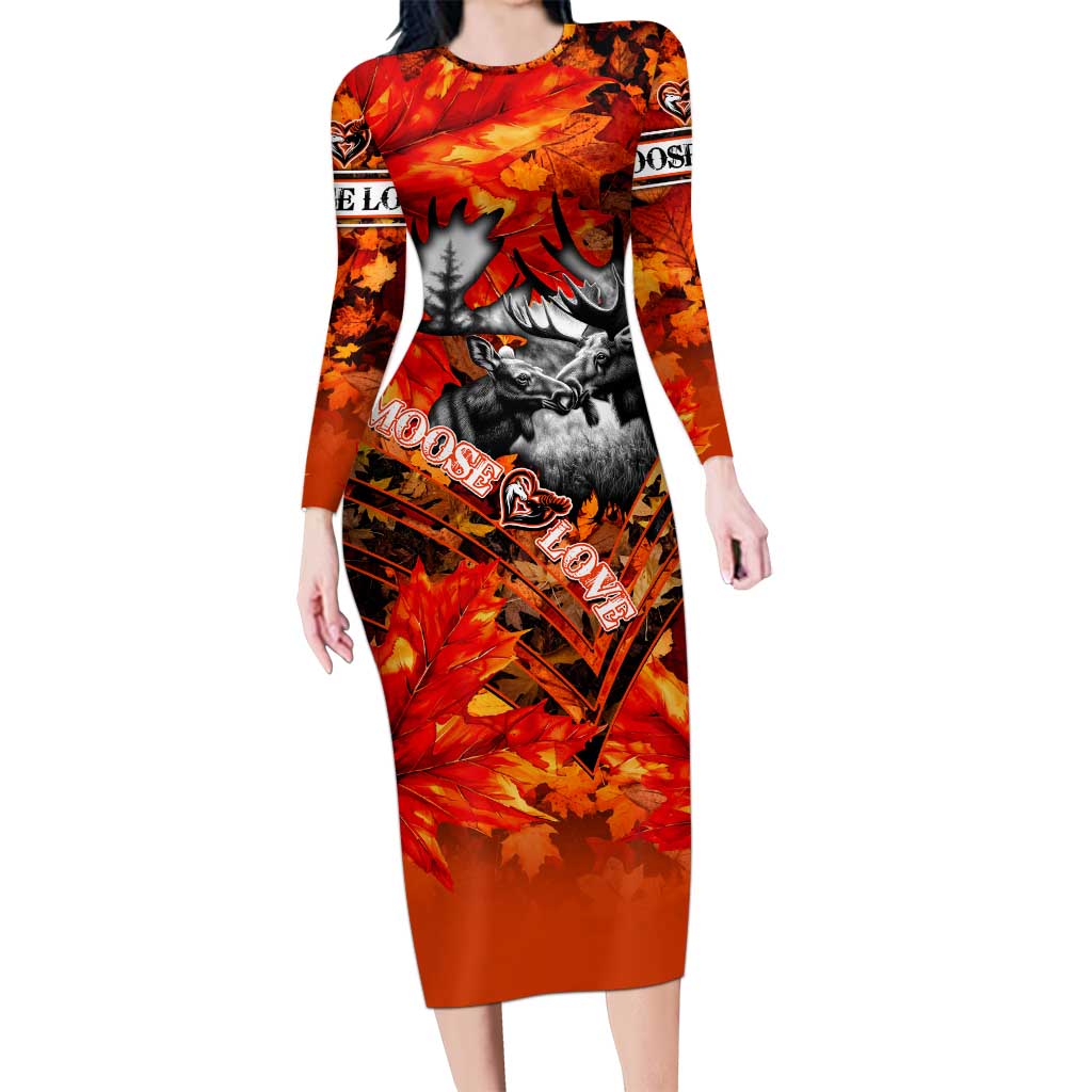 Personalized Moose Love Long Sleeve Bodycon Dress Maple Leaf Autumn Passion
