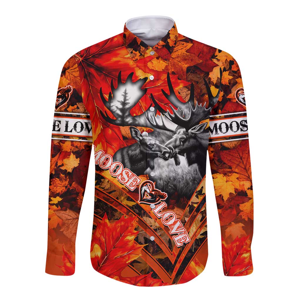 Personalized Moose Love Long Sleeve Button Shirt Maple Leaf Autumn Passion