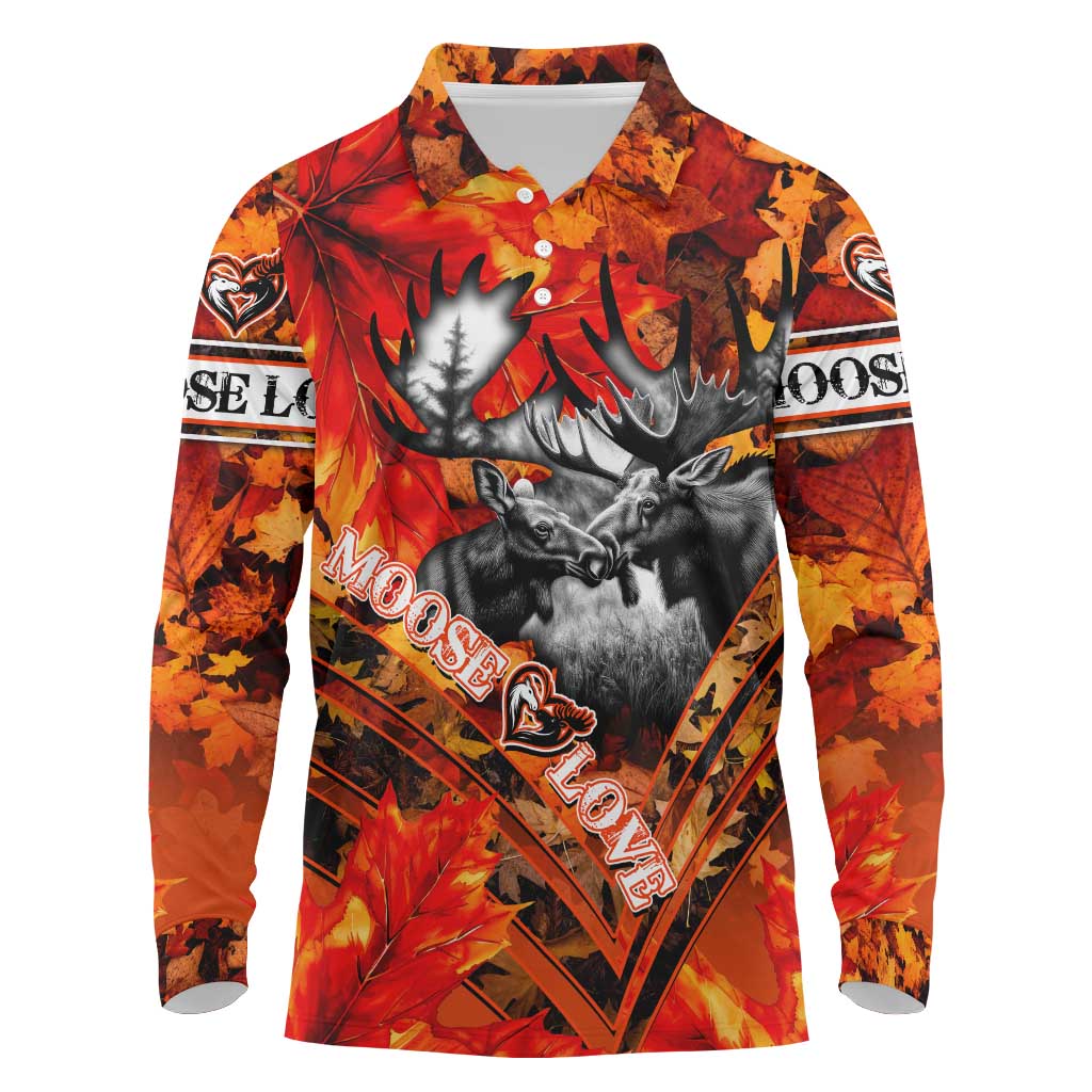 Personalized Moose Love Long Sleeve Polo Shirt Maple Leaf Autumn Passion