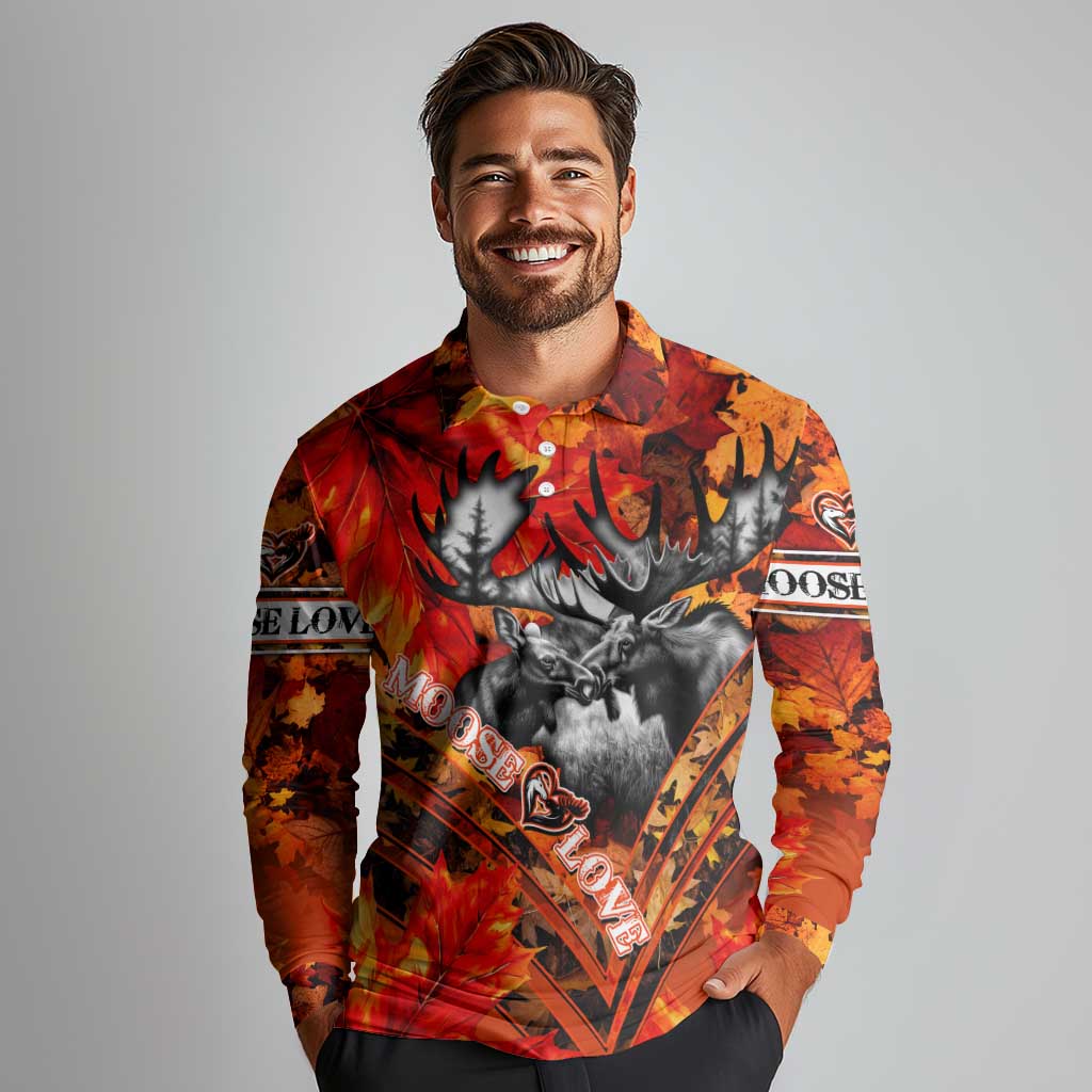 Personalized Moose Love Long Sleeve Polo Shirt Maple Leaf Autumn Passion