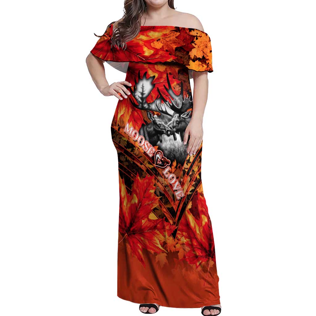Personalized Moose Love Off Shoulder Maxi Dress Maple Leaf Autumn Passion
