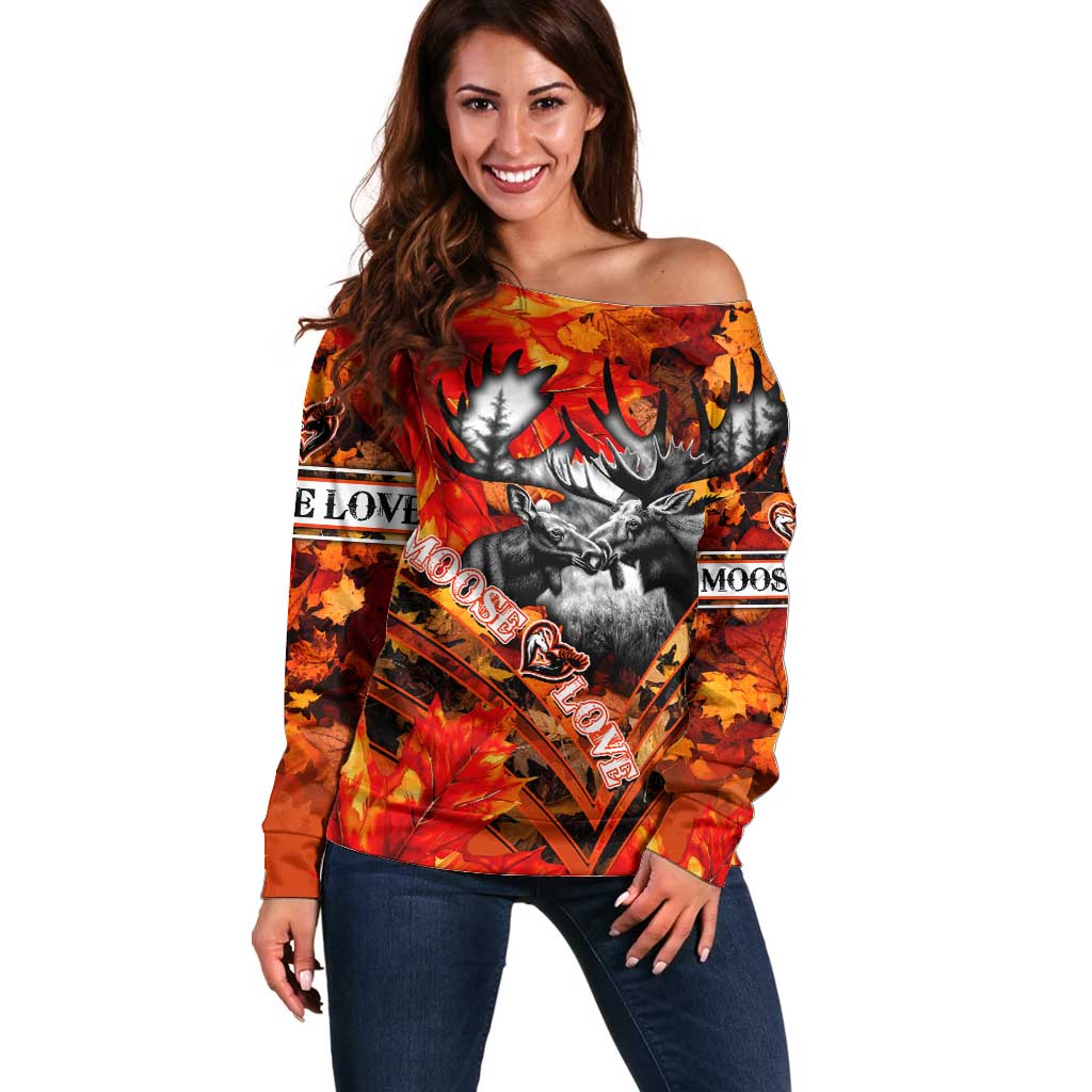 Personalized Moose Love Off Shoulder Sweater Maple Leaf Autumn Passion
