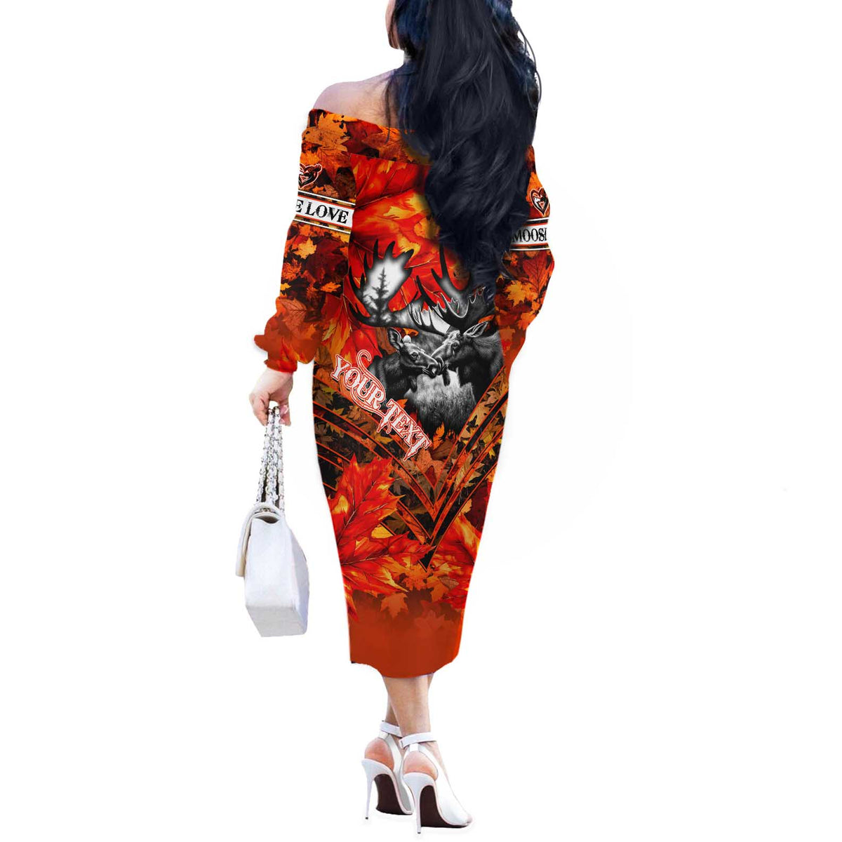 Personalized Moose Love Off The Shoulder Long Sleeve Dress Maple Leaf Autumn Passion