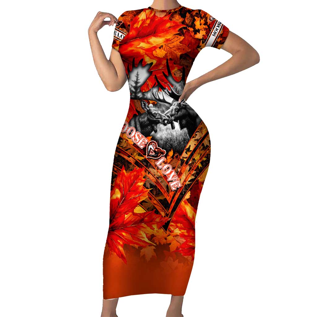 Personalized Moose Love Short Sleeve Bodycon Dress Maple Leaf Autumn Passion