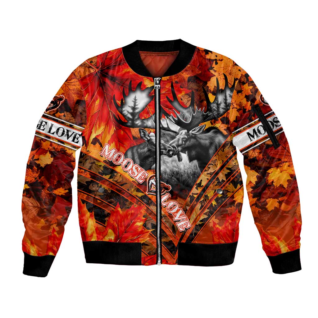 Personalized Moose Love Sleeve Zip Bomber Jacket Maple Leaf Autumn Passion