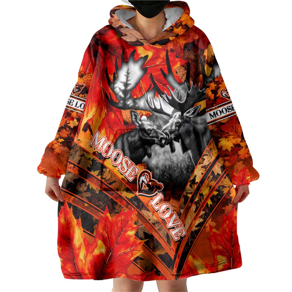 Personalized Moose Love Wearable Blanket Hoodie Maple Leaf Autumn Passion