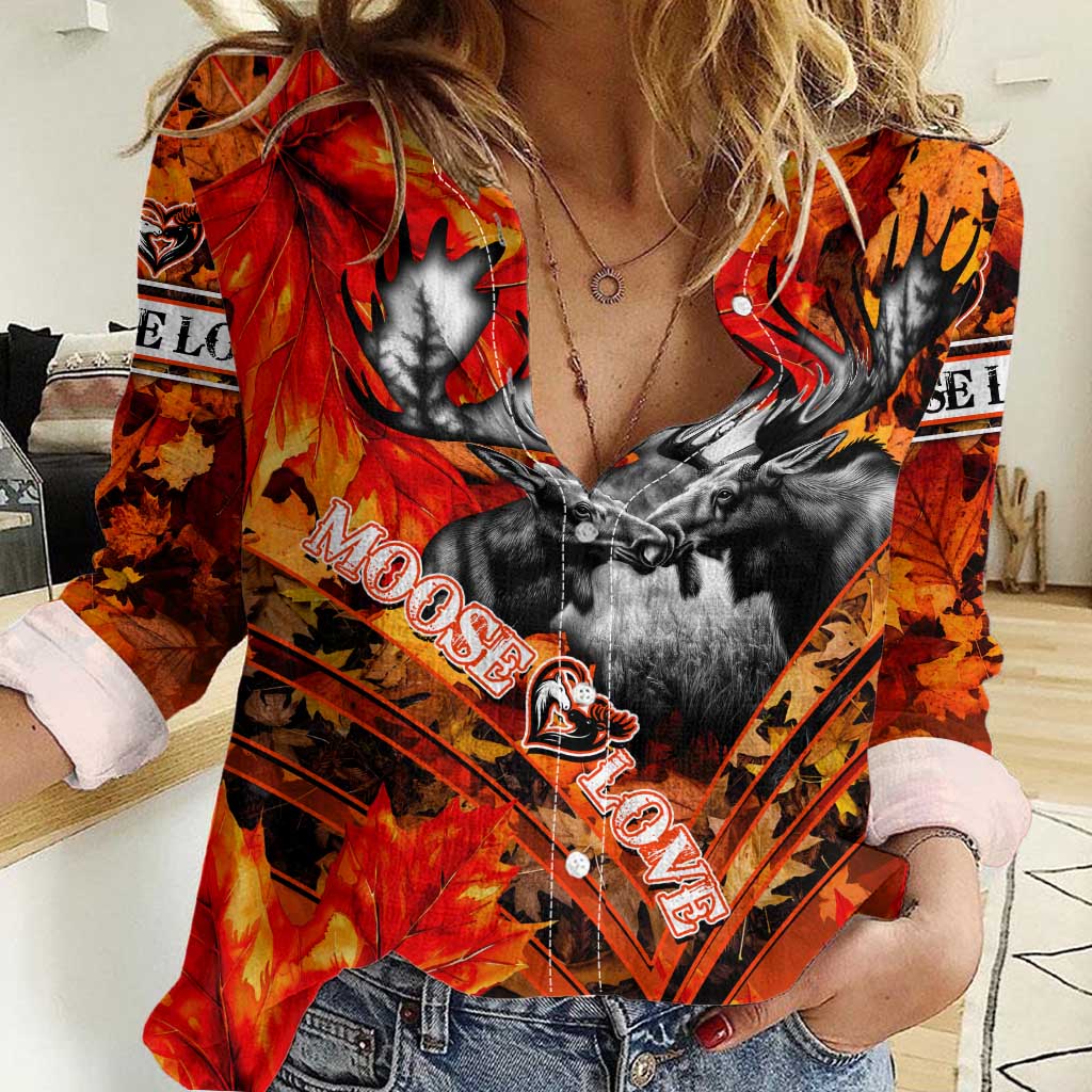Personalized Moose Love Women Casual Shirt Maple Leaf Autumn Passion