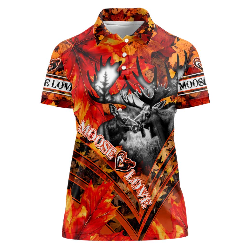 Personalized Moose Love Women Polo Shirt Maple Leaf Autumn Passion