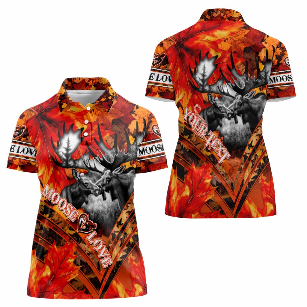Personalized Moose Love Women Polo Shirt Maple Leaf Autumn Passion