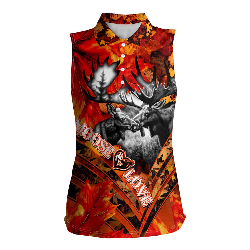 Personalized Moose Love Women Sleeveless Polo Shirt Maple Leaf Autumn Passion