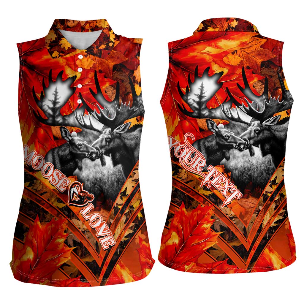 Personalized Moose Love Women Sleeveless Polo Shirt Maple Leaf Autumn Passion