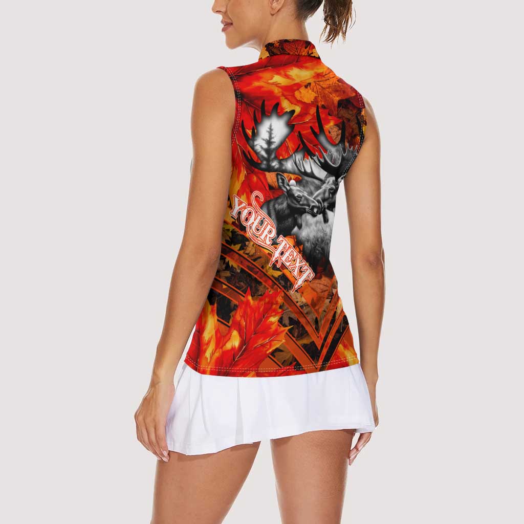 Personalized Moose Love Women Sleeveless Polo Shirt Maple Leaf Autumn Passion