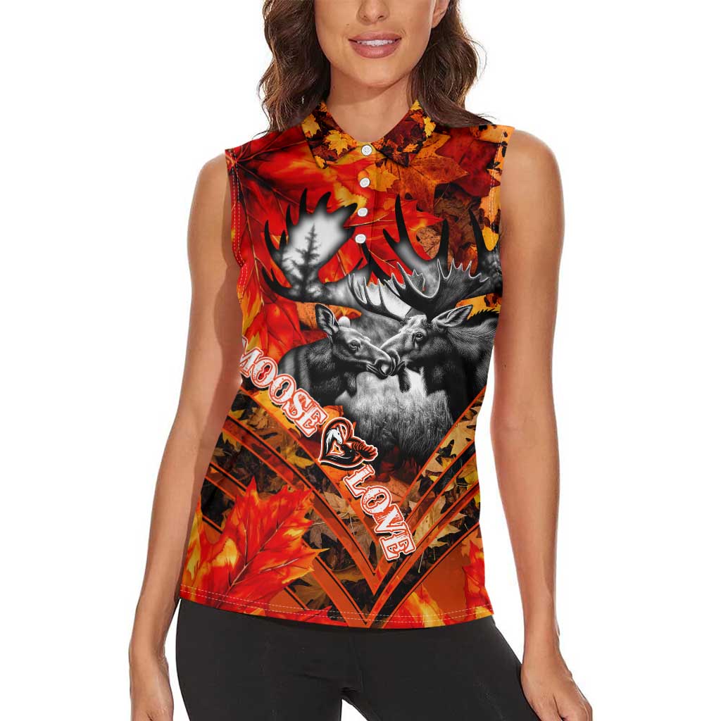 Personalized Moose Love Women Sleeveless Polo Shirt Maple Leaf Autumn Passion