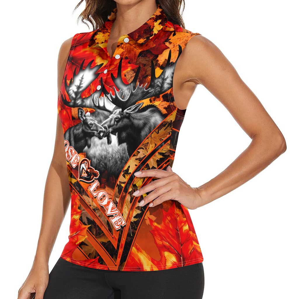 Personalized Moose Love Women Sleeveless Polo Shirt Maple Leaf Autumn Passion