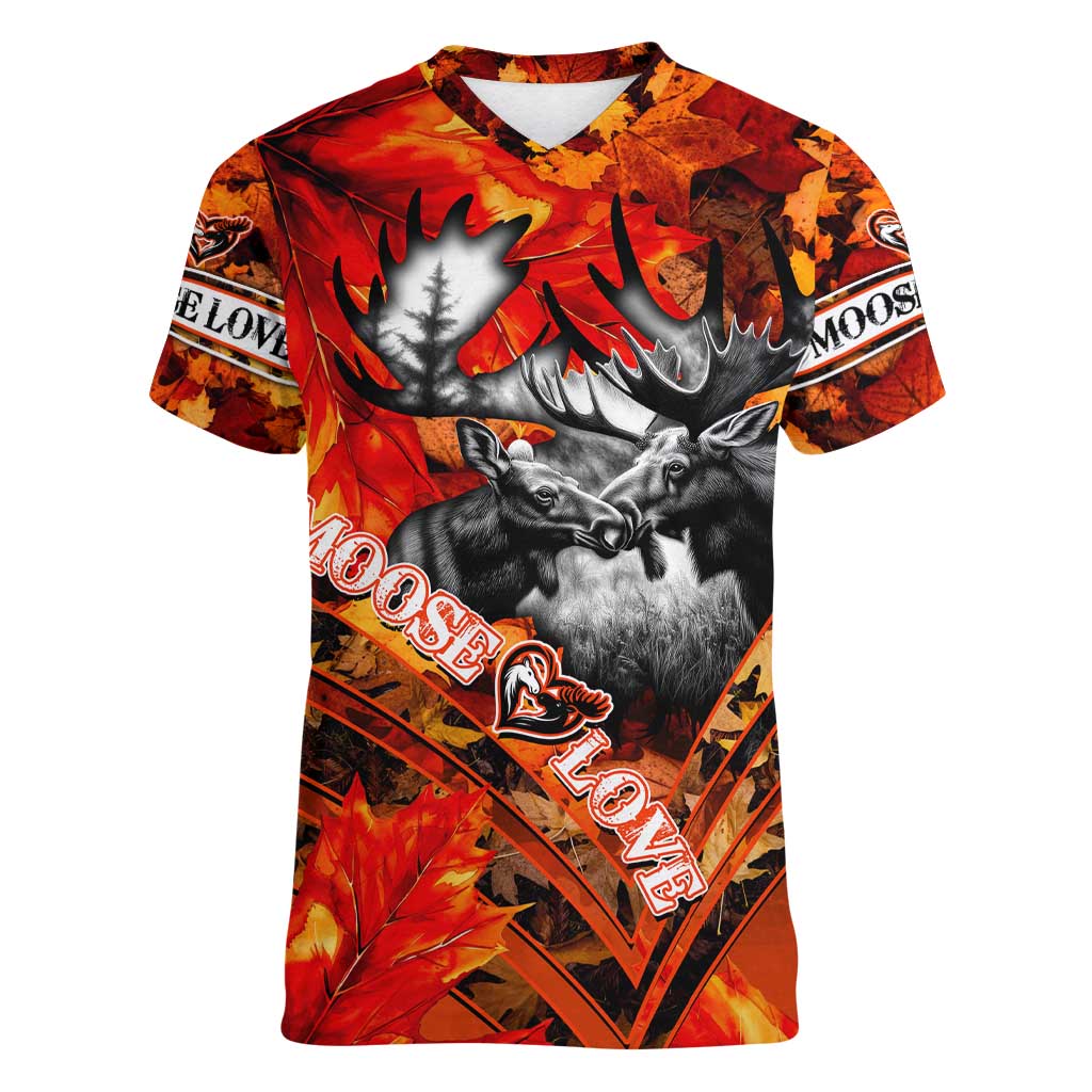 Personalized Moose Love Women V-Neck T-Shirt Maple Leaf Autumn Passion