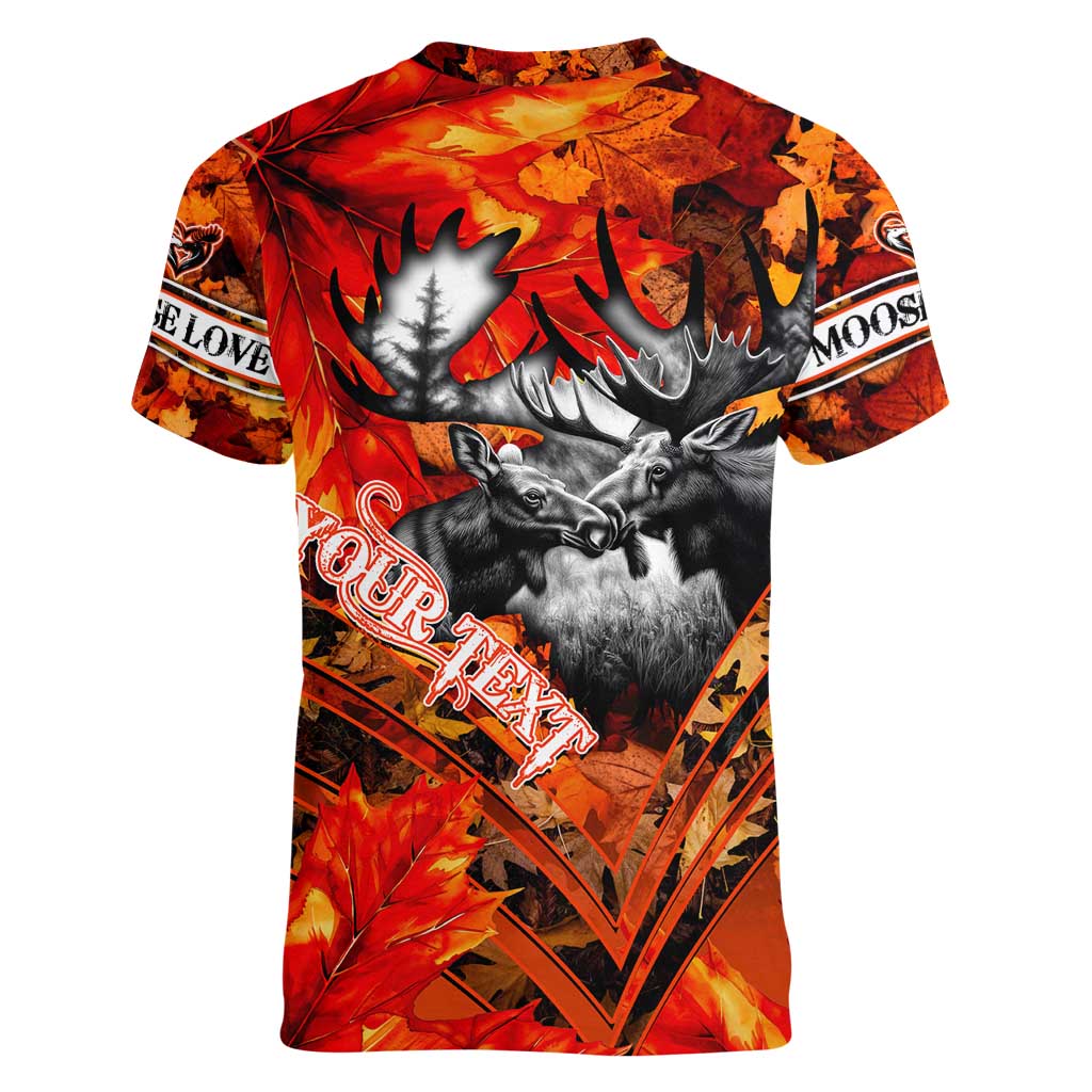 Personalized Moose Love Women V-Neck T-Shirt Maple Leaf Autumn Passion