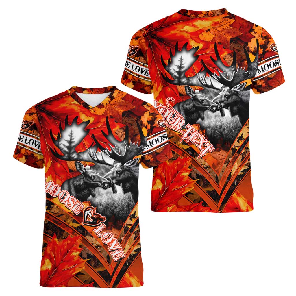 Personalized Moose Love Women V-Neck T-Shirt Maple Leaf Autumn Passion