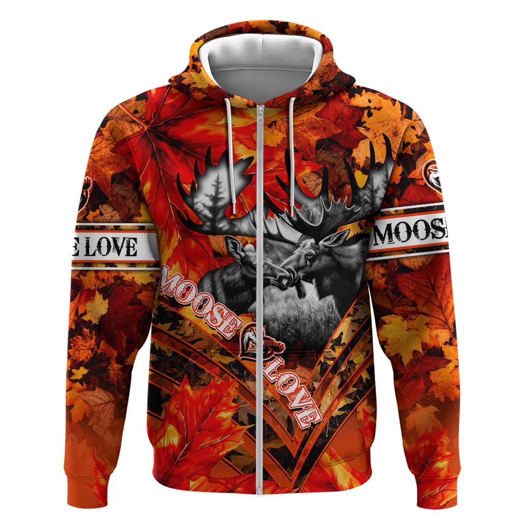 Personalized Moose Love Zip Hoodie Maple Leaf Autumn Passion