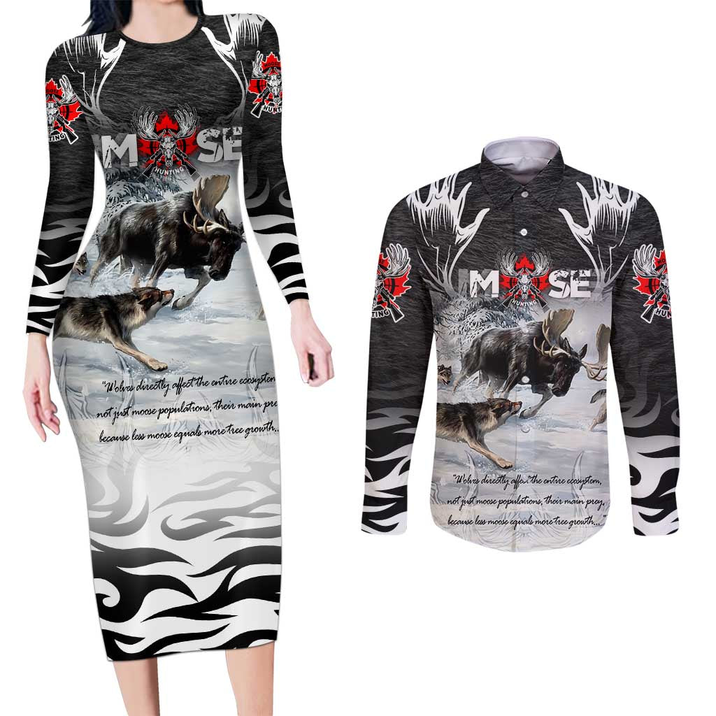 The Wolves Hunting Moose Couples Matching Long Sleeve Bodycon Dress and Long Sleeve Button Shirt