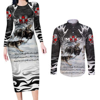 The Wolves Hunting Moose Couples Matching Long Sleeve Bodycon Dress and Long Sleeve Button Shirt