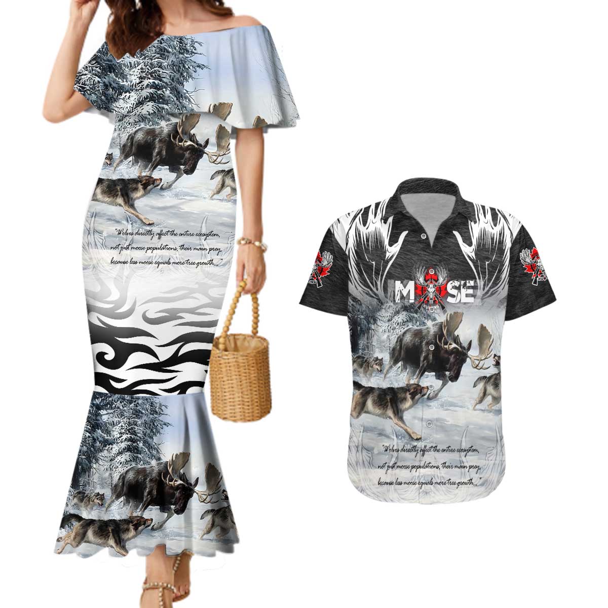 The Wolves Hunting Moose Couples Matching Mermaid Dress and Hawaiian Shirt