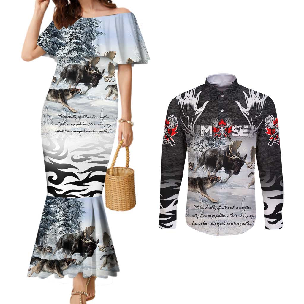 The Wolves Hunting Moose Couples Matching Mermaid Dress and Long Sleeve Button Shirt