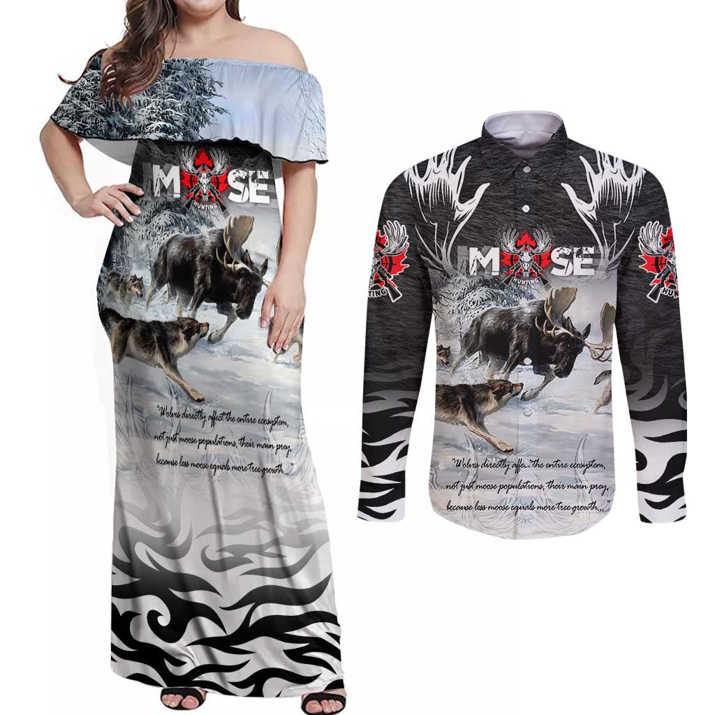 The Wolves Hunting Moose Couples Matching Off Shoulder Maxi Dress and Long Sleeve Button Shirt